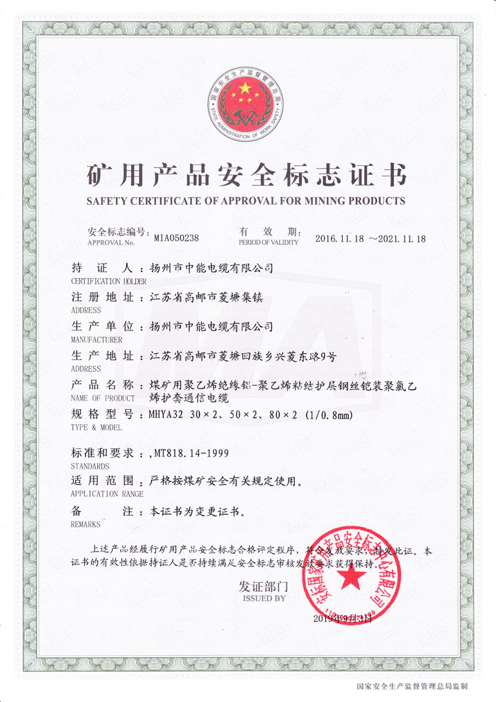 礦用產(chǎn)品安全標志證書MHYA32-(30~80)X0.8