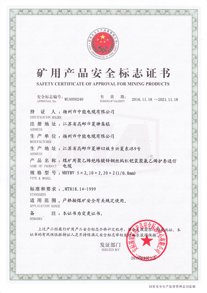 礦用產(chǎn)品安全標志證書MHYBV5X2-20X2(對0.8mm)